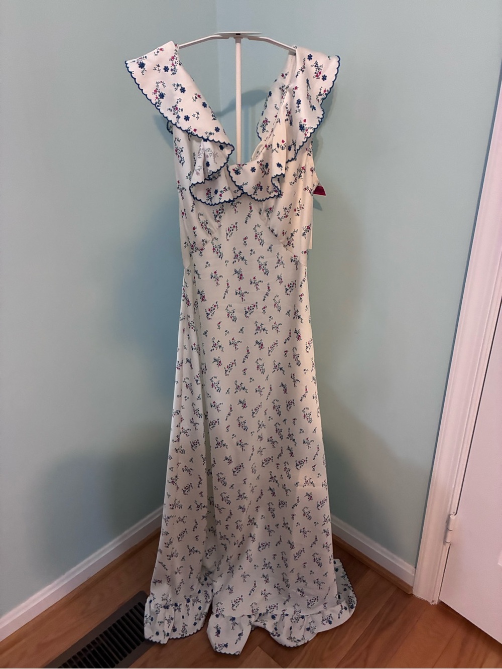 Caroline Constas Cream Maxi Dress with Navy & Pink Floral Trim
